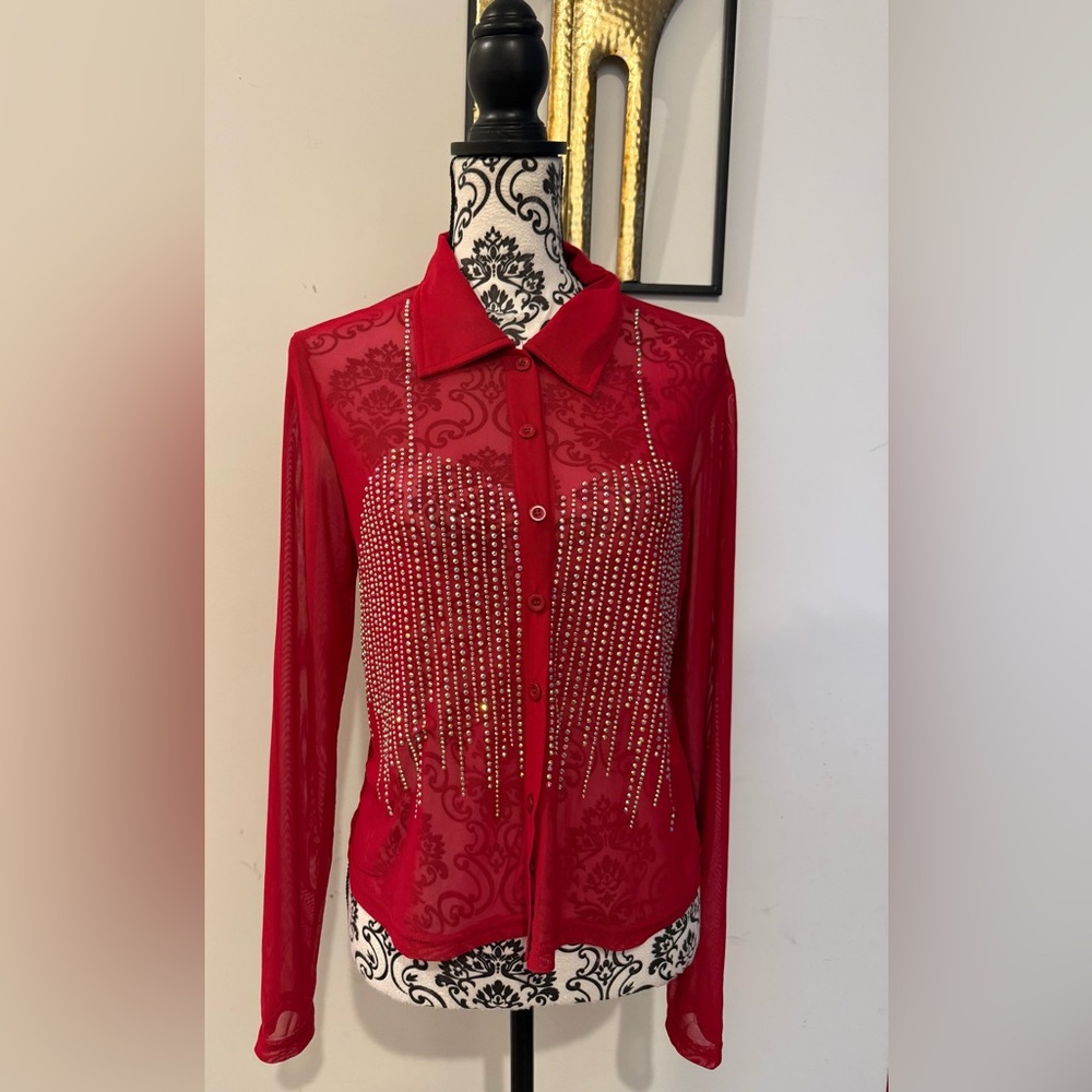 WoWo Red Sheer Blouse with Rhinestones